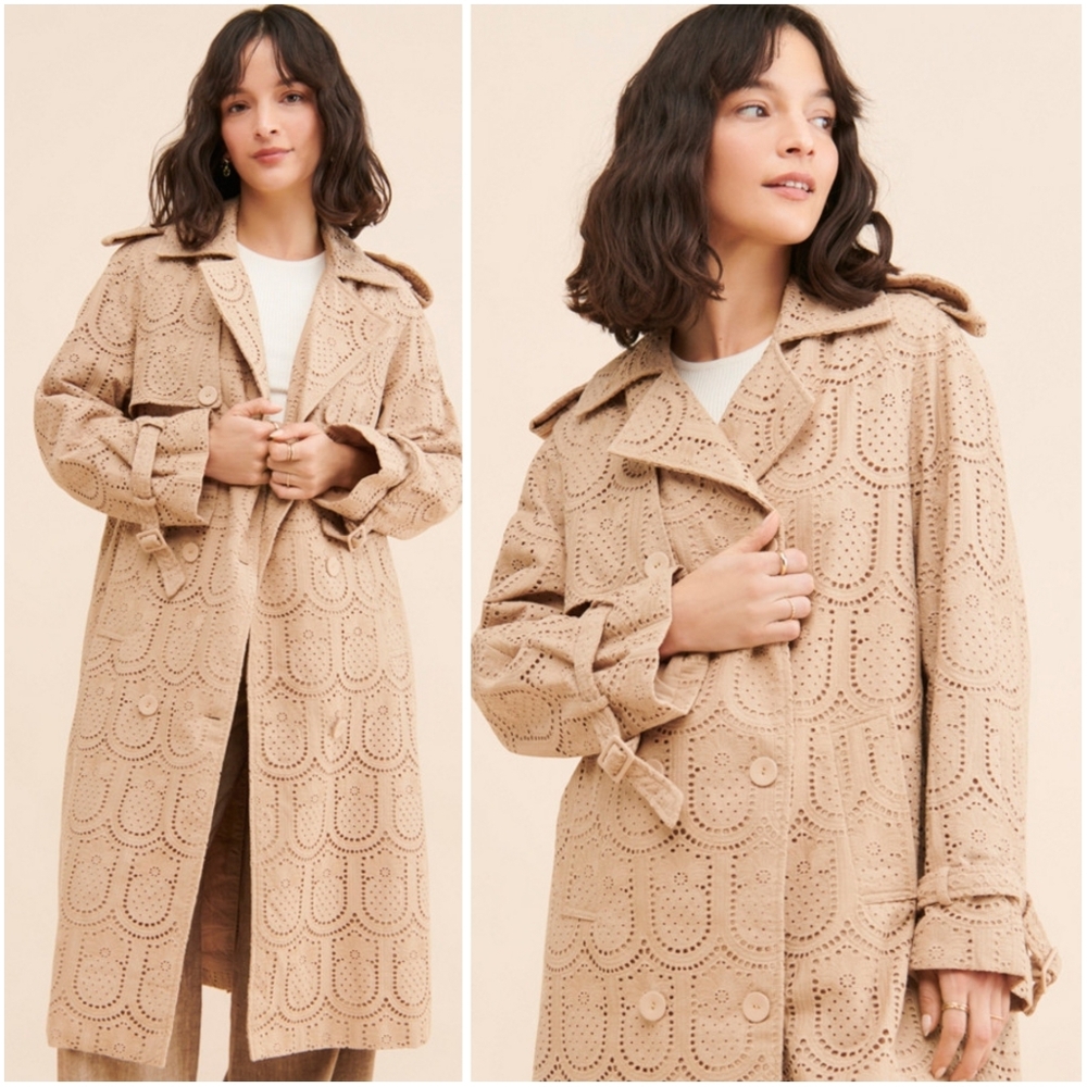 Anthropologie Farm Rio Pineapple Cotton Eyelet Trench Coat Medium Khaki Tan - Picture 3 of 12